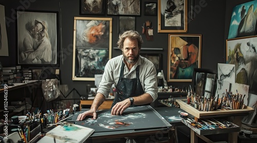 Artist in Studio with Paints and Stains on Clothing photo