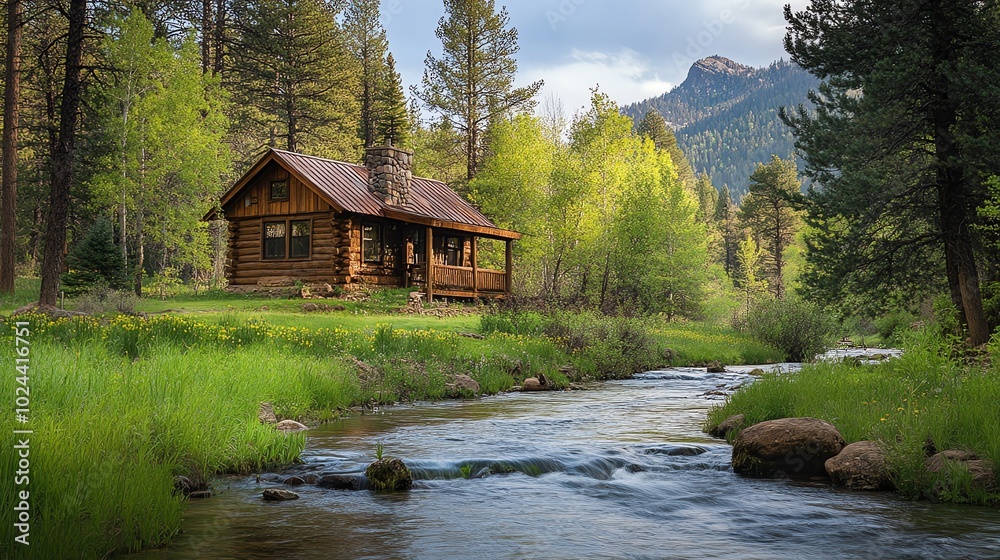 A rustic log cabin sits nestled in a forest by a babbling brook. A rustic log cabin sits nestled in a forest by a babbling brook.