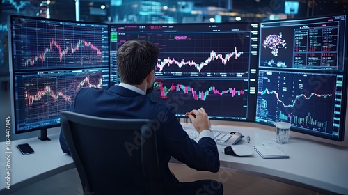 Investor at Futuristic Desk Analyzing Stock Market Trends