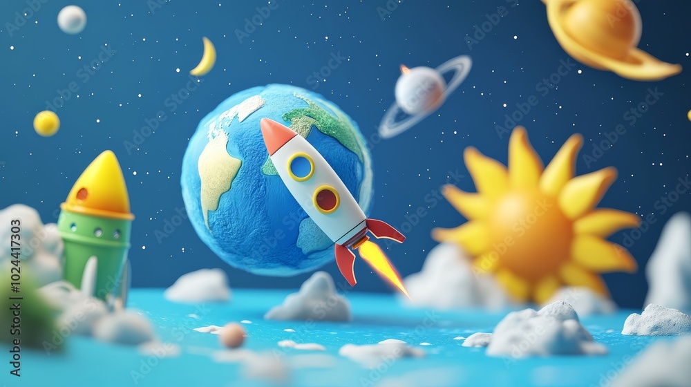 Cartoon Rocket Launching into Space with Earth Sun Moon and Stars Cartoon Rocket Launching into Space with Earth Sun Moon and Stars
