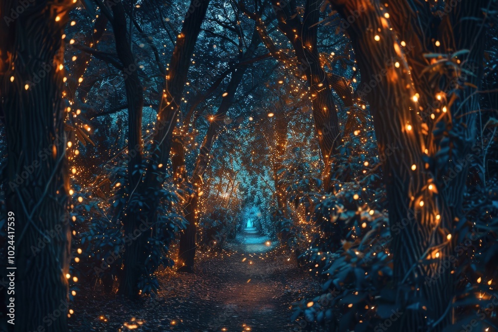 Fototapeta premium A forest with glowing lights on the trees, generative ai image