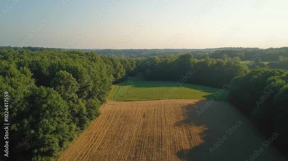 Fototapeta premium A high-definition aerial shot of patchwork fields with different crops in various shades of green and brown, bordered by tree lines, under a bright clear sky, perfect for copy space