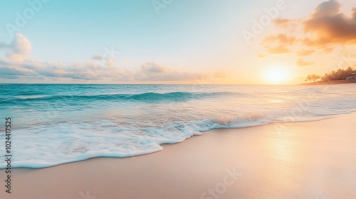 Soft waves lap onto a sandy beach at sunset, with a vibrant sky and calm ocean in the background.