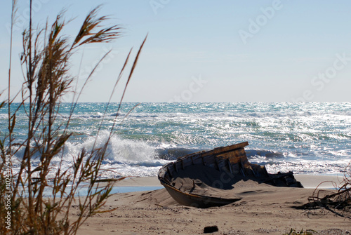 broken boat and waves