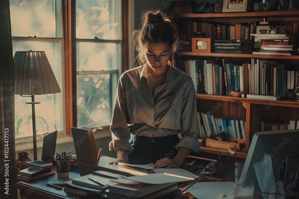 Young businesswoman standing in her stylish home office while writing notes on a notepad, focused and planning work tasks.