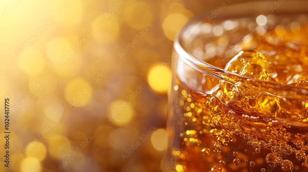 Close-up of a glass of cola with ice cubes and bubbles, against a bokeh background. Close-up of a glass of cola with ice cubes and bubbles, against a bokeh background.