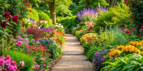 Tranquil garden path surrounded by vibrant flowers and lush foliage