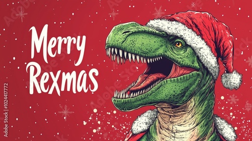 Fototapeta Naklejka Na Ścianę i Meble -  T-rex in Christmas costume with Santa Claus hat, on festive red background with text Merry Rexmas. Green dinosaurs illustration for card, poster, banner, wallpaper, background