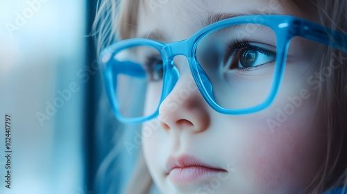 Young child wearing blue glasses focusing on distant tree outside window, symbolizing myopia prevention and importance of outdoor activities