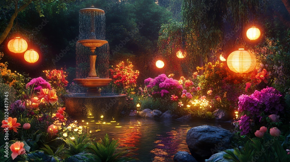 A magical garden at night with glowing lanterns, a fountain and flowers. A magical garden at night with glowing lanterns, a fountain and flowers.