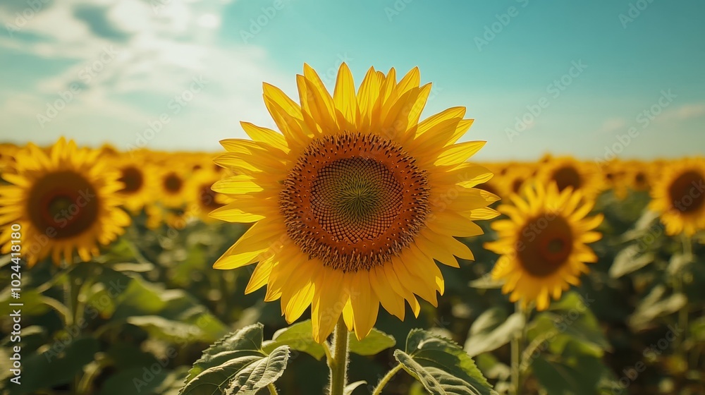 Drone perspective of a sunflower field in full bloom, stretching toward the horizon, with the vibrant yellow flowers contrasting against the deep blue sky, leaving room for copy Drone perspective of a sunflower field in full bloom, stretching toward the horizon, with the vibrant yellow flowers contrasting against the deep blue sky, leaving room for copy