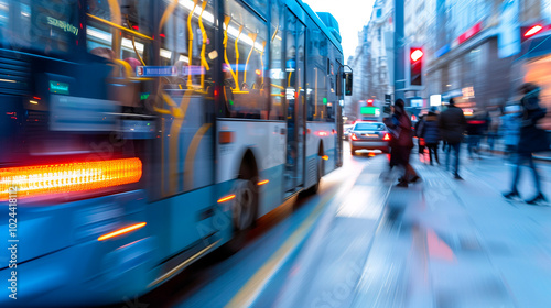Autobús en movimiento en una calle urbana al atardecer