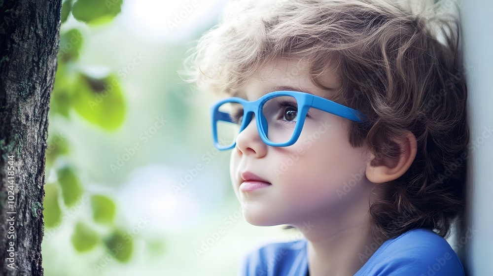 Young child wearing blue glasses focusing on distant tree outside window, symbolizing myopia prevention and importance of outdoor activities Young child wearing blue glasses focusing on distant tree outside window, symbolizing myopia prevention and importance of outdoor activities