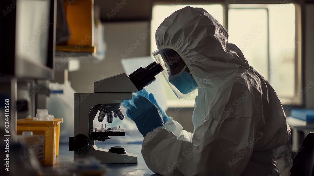 African worker in hazmat suit studies microscope during pandemic. African worker in hazmat suit studies microscope during pandemic.