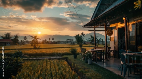 A serene scene of a coffee shop at sunset with golden rice fields in the background