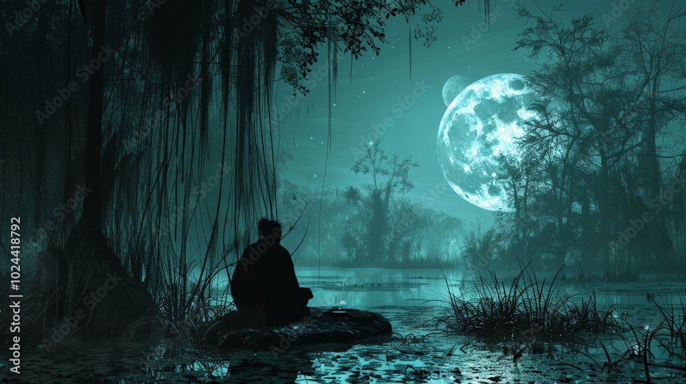 A shadowy figure performing a voodoo ritual under a full moon in a swamp A shadowy figure performing a voodoo ritual under a full moon in a swamp
