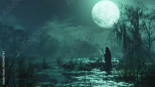 A shadowy figure performing a voodoo ritual under a full moon in a swamp