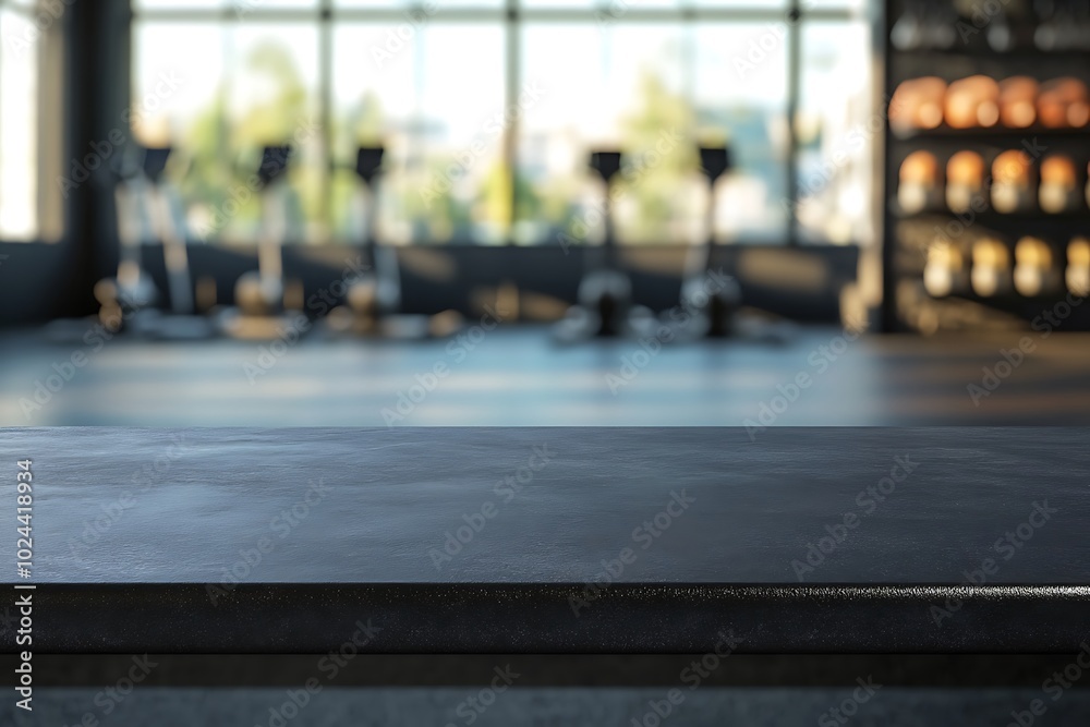  Black table top with gym background for product. Empty countertop mockup for sports nutrition or equipment. 