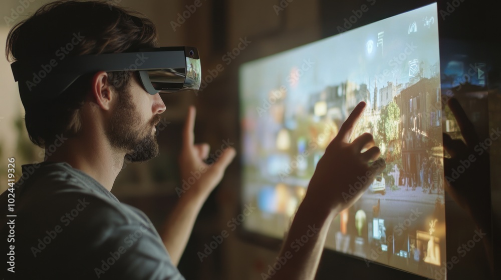 Man Wearing VR Headset Interacts with a Screen Displaying an Image of a Cityscape Man Wearing VR Headset Interacts with a Screen Displaying an Image of a Cityscape