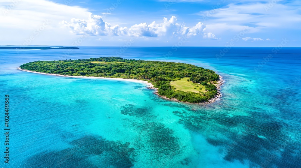 Obraz premium A picturesque island paradise with lush green vegetation and crystal-clear turquoise water.