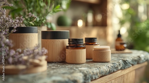 A collection of five natural and organic cosmetic products in bamboo containers on a countertop.