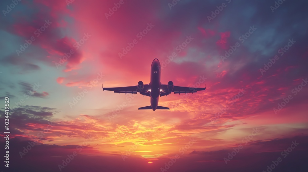 A plane takes off against a fiery sunset sky. A plane takes off against a fiery sunset sky.