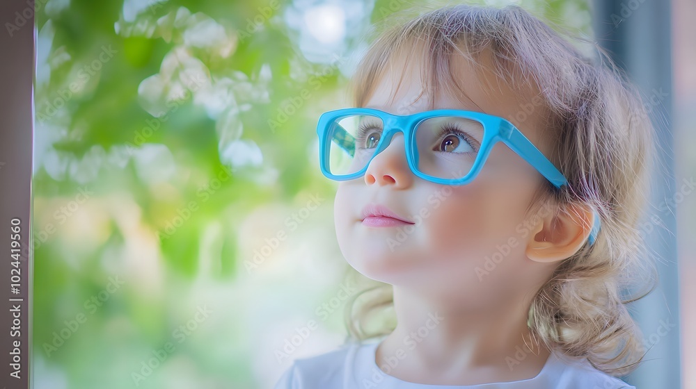 Young child wearing blue glasses focusing on distant tree outside window, symbolizing myopia prevention and importance of outdoor activities Young child wearing blue glasses focusing on distant tree outside window, symbolizing myopia prevention and importance of outdoor activities