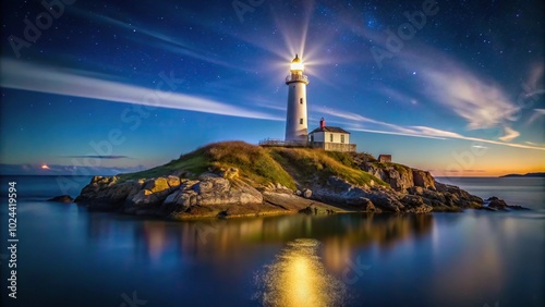 Tranquil night view of illuminated lighthouse on island