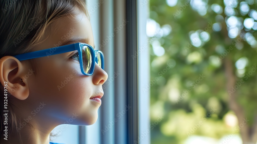 Young child wearing blue glasses focusing on distant tree outside window, symbolizing myopia prevention and importance of outdoor activities Young child wearing blue glasses focusing on distant tree outside window, symbolizing myopia prevention and importance of outdoor activities