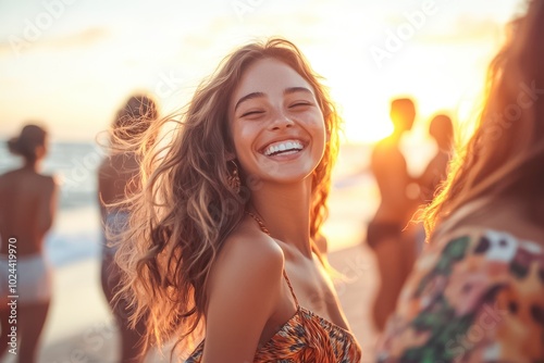 A group of friends laughs joyfully as they dance together at sunset on a beach, their flowing