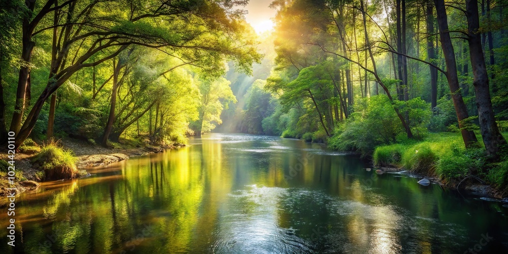 Tranquil river flowing through dense forest with sunlight overhead