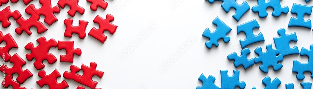 Colorful Red and Blue Puzzle Pieces on White Surface Colorful Red and Blue Puzzle Pieces on White Surface