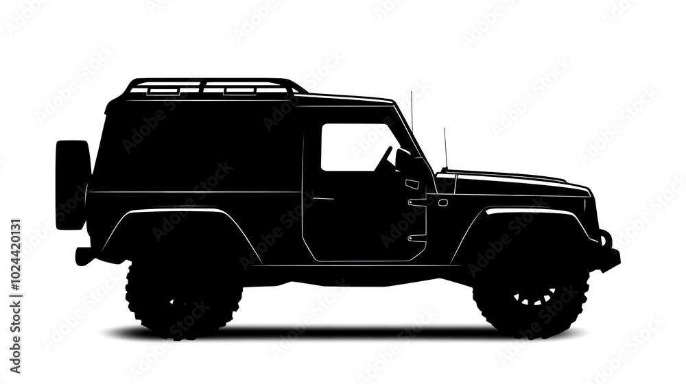 Standard silhouette of an off-road vehicle against a clean white background. The design captures the rugged and robust features of the vehicle, emphasizing its capability for adventure and exploration Standard silhouette of an off-road vehicle against a clean white background. The design captures the rugged and robust features of the vehicle, emphasizing its capability for adventure and exploration