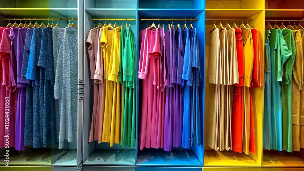 In a fashion boutique, stylish apparel hangs on racks, offering a variety of outfits, showcasing different colors.