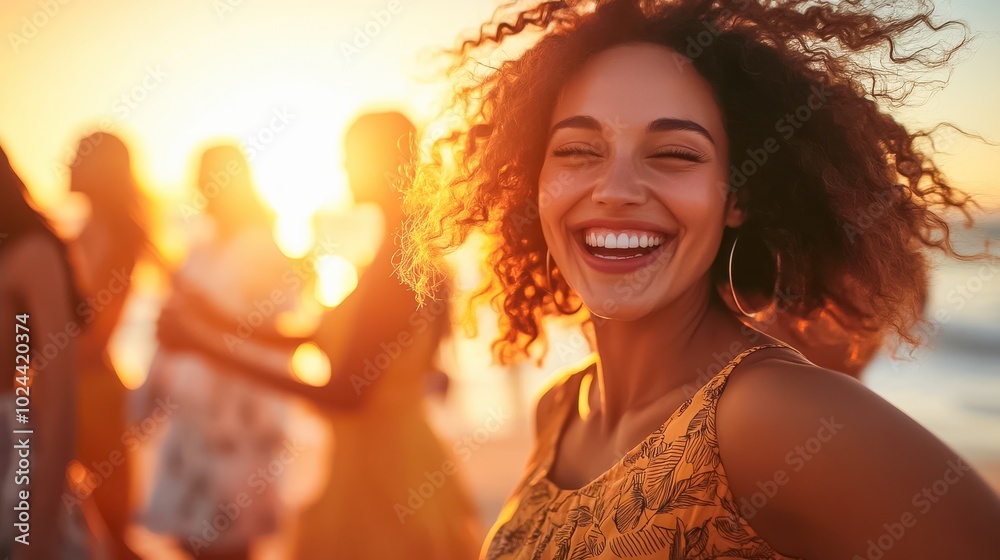 A group of friends laughs joyfully as they dance together at sunset on a beach, their flowing A group of friends laughs joyfully as they dance together at sunset on a beach, their flowing