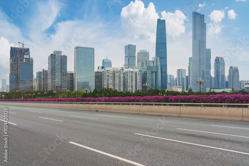 Modern urban skyline, bridges, and asphalt roads in Guangzhou, Guangdong Province, China