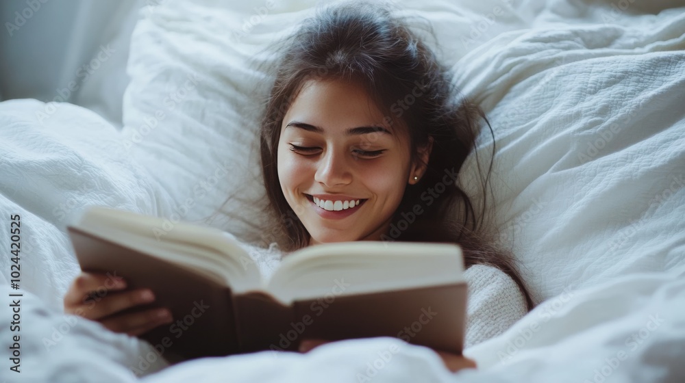 Girl reads book in bed, smiling sweetly. Girl reads book in bed, smiling sweetly.