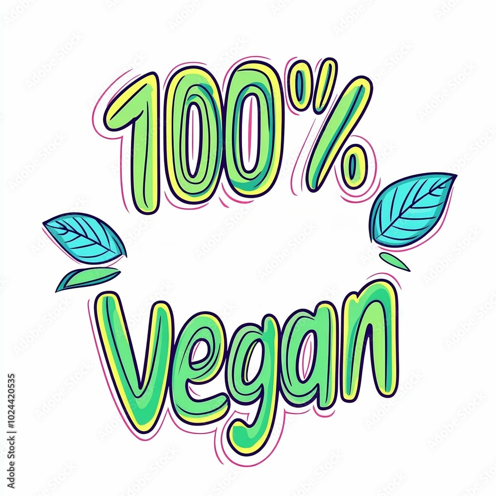 Fototapeta premium A bright and colorful inscription showcases the message 100% Vegan with playful lettering and leaf illustrations, promoting a healthy, animal-friendly diet