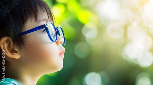 Young child wearing blue glasses focusing on distant tree outside window, symbolizing myopia prevention and importance of outdoor activities