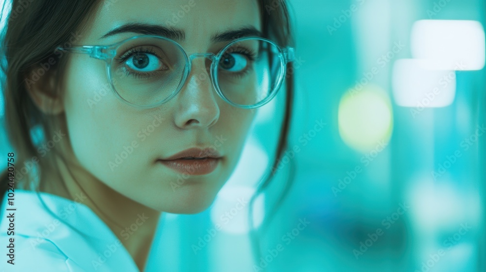 Close-up of a young woman wearing clear glasses, looking focused and thoughtful, with a teal background creating a modern vibe. Close-up of a young woman wearing clear glasses, looking focused and thoughtful, with a teal background creating a modern vibe.