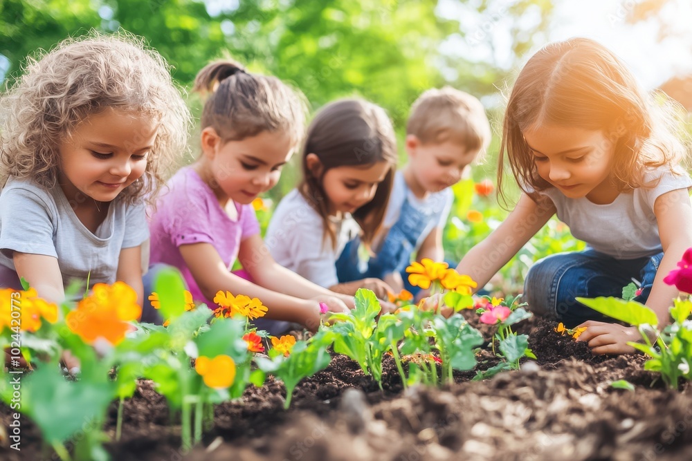 A group of young children happily tending to a garden. They are kneeling down, planting flowers