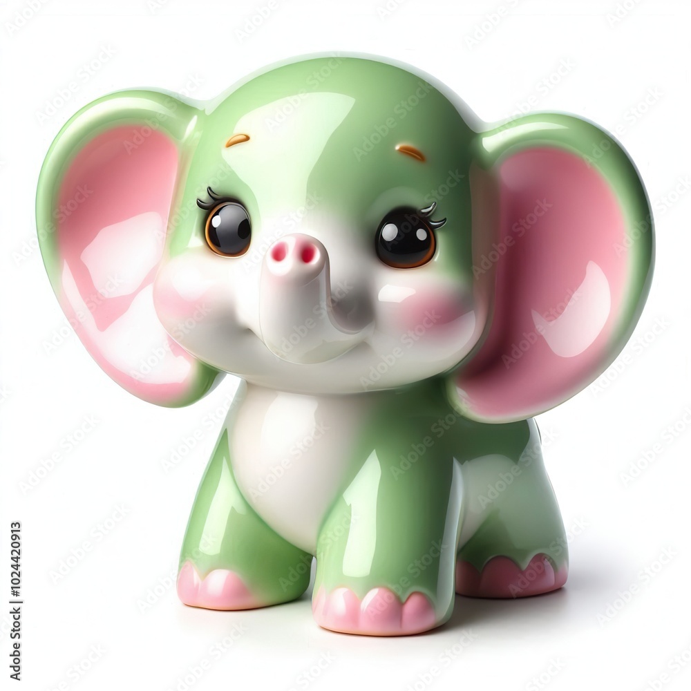 A glossy ceramic elephant figurine in soft green and pink, with bright eyes, large ears, white background A glossy ceramic elephant figurine in soft green and pink, with bright eyes, large ears, white background