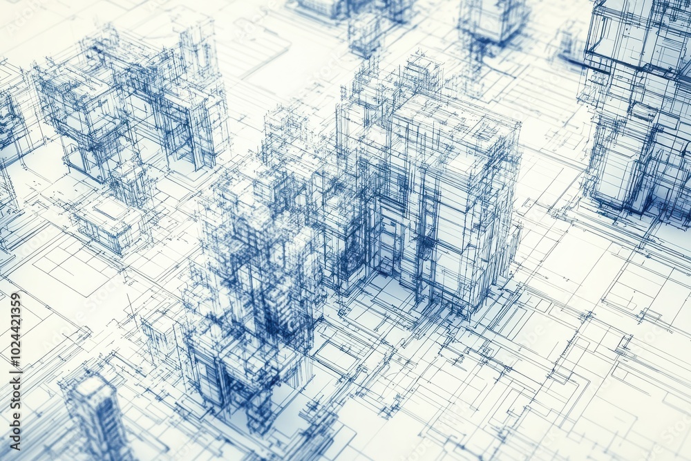 A high-angle view of a detailed architectural blueprint featuring interconnected buildings A high-angle view of a detailed architectural blueprint featuring interconnected buildings