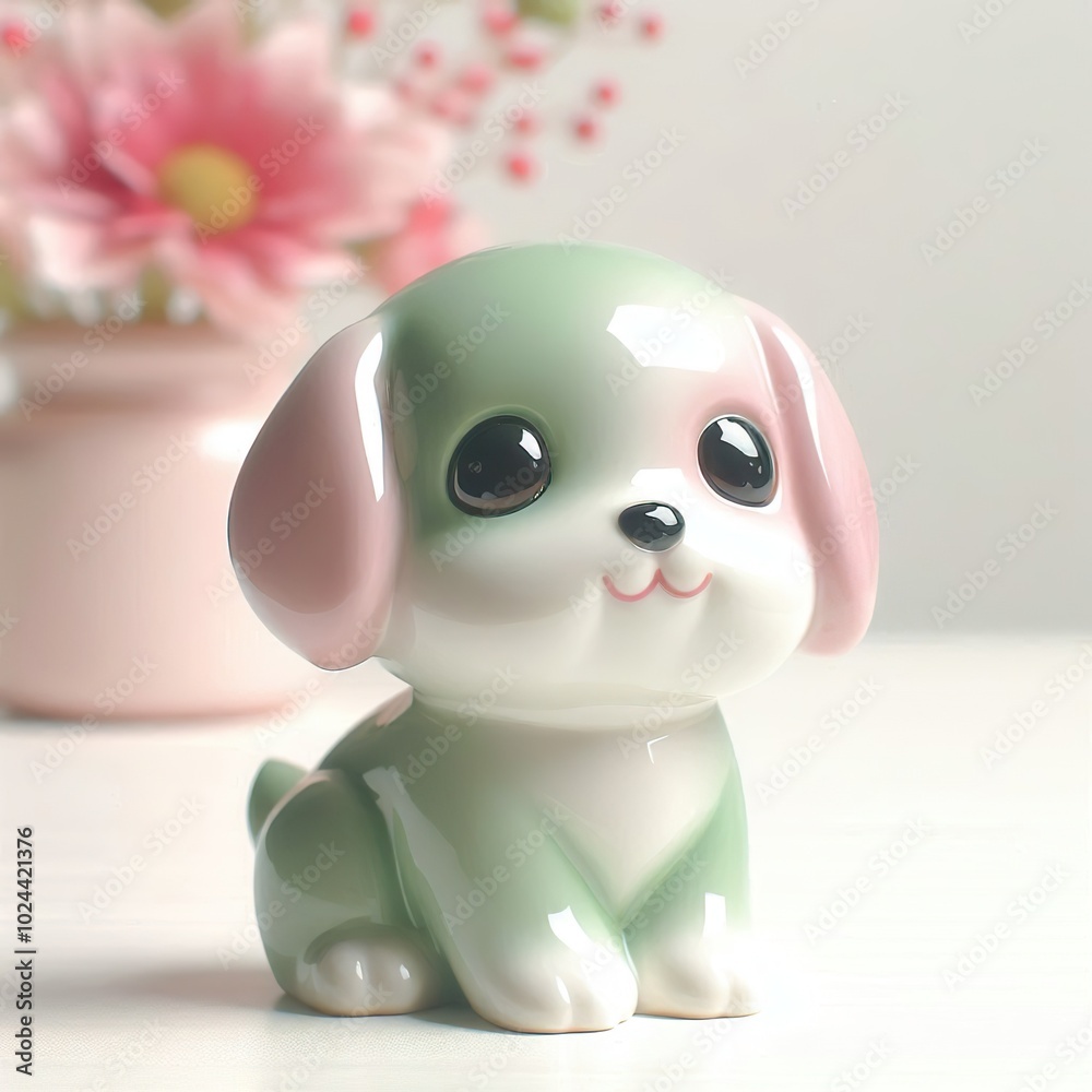 A glossy ceramic cute dog figurine in soft green and pink, with bright eyes, friendly vibe, white background A glossy ceramic cute dog figurine in soft green and pink, with bright eyes, friendly vibe, white background