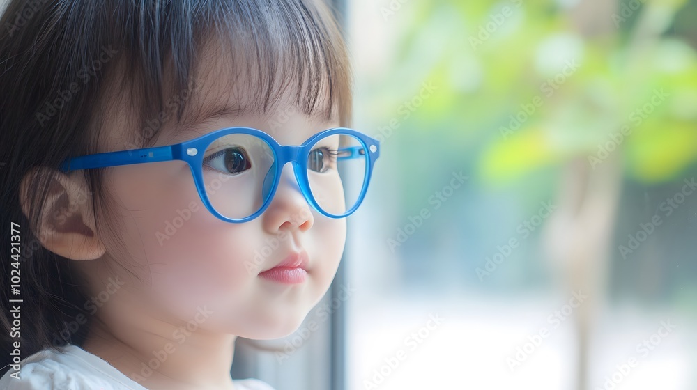 Young child wearing blue glasses focusing on distant tree outside window, symbolizing myopia prevention and importance of outdoor activities Young child wearing blue glasses focusing on distant tree outside window, symbolizing myopia prevention and importance of outdoor activities