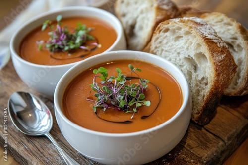 Two bowls of creamy tomato soup with fresh bread on wooden table