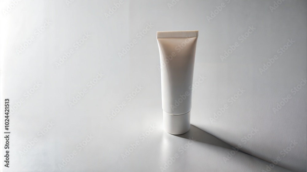 Winter sunscreen tube with soft shadow on white background.