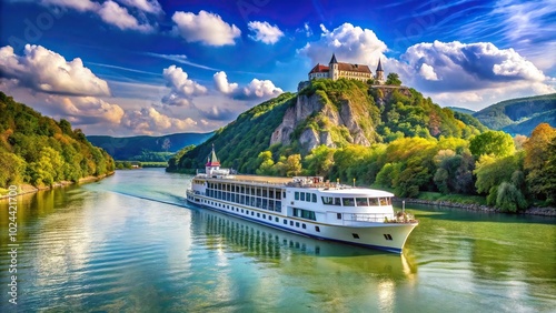 Low angle view of a river cruise ship sailing along the Danube in Europe
