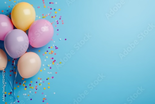 Colorful balloons with confetti on blue background for celebrations