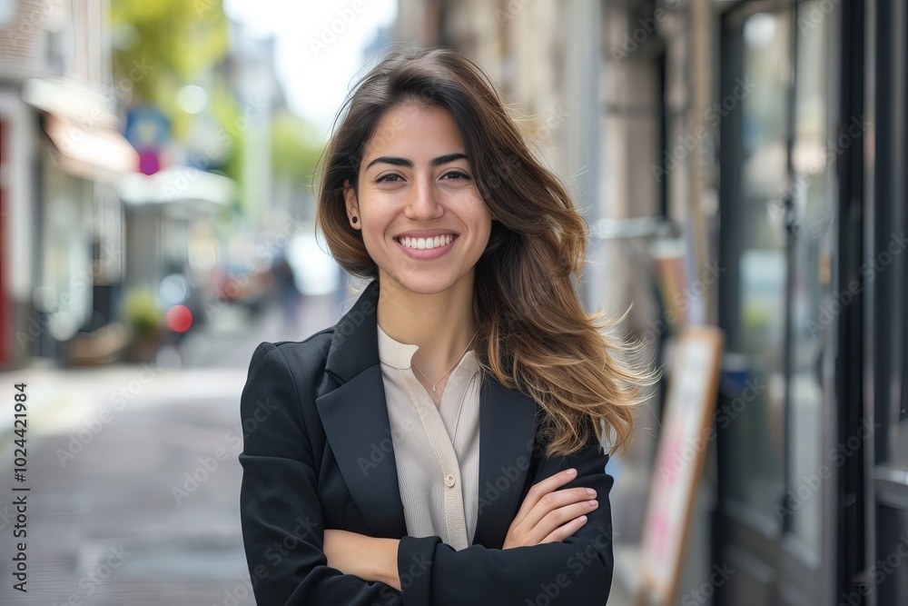Happy and confident young female entrepreneur smiling outdoors on urban street with arms crossed, professional businesswoman looking directly at camera Happy and confident young female entrepreneur smiling outdoors on urban street with arms crossed, professional businesswoman looking directly at camera